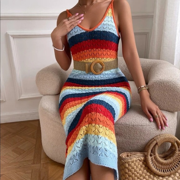 Boho Rainbow Color Block Knit Cami Crochet Maxi Dress WITHOUT BELT
